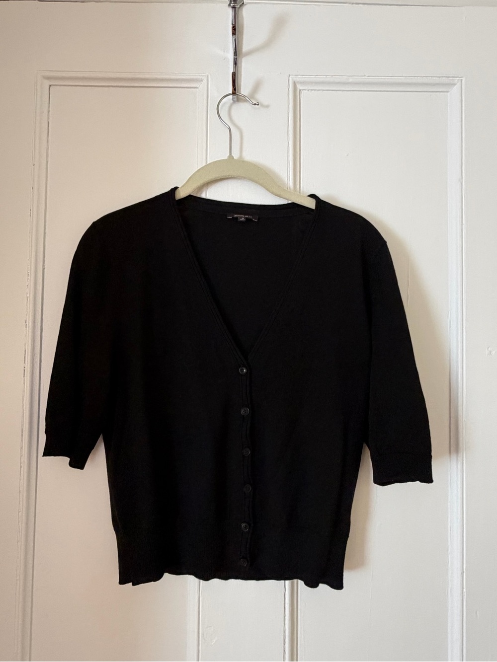 Lafayette 148 New York Black V-Neck Short-Sleeved Button-Front Wool Cardigan